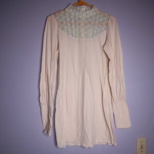 FREE PEOPLE Romantic Lace Victorian mock back button neck cream long sleeve boho